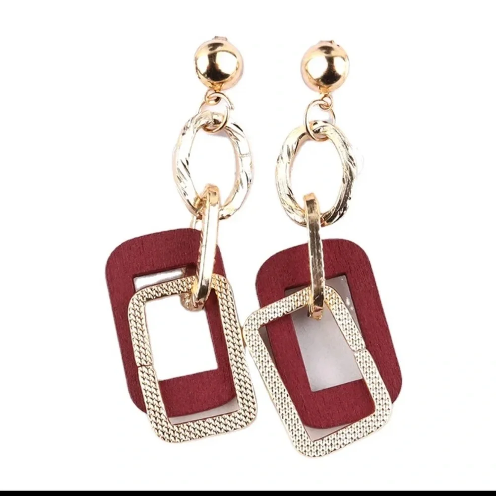 Multi-Shape Colorful Wooden with Gold-Tone Dangle Earrings, Push Back Closure - Picture 12 of 13